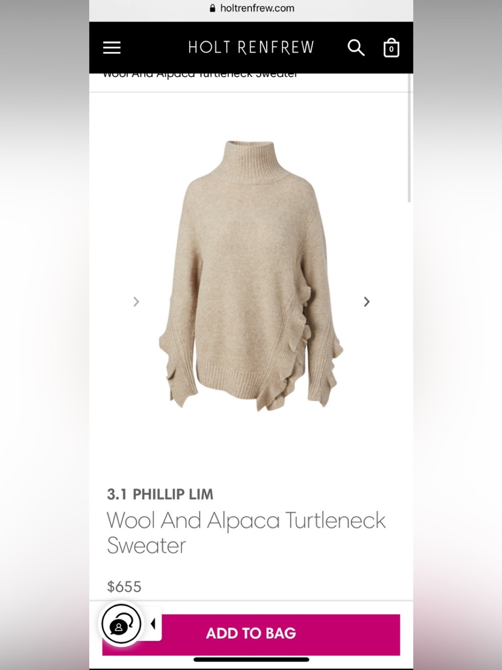 3.1 Phillip Lim Beige Ruffle-Sleeve Alpaca Wool Turtleneck Sweater
